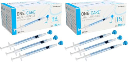 ONE-CARE 1ml Oral Syringe with Cap - Sterile, Individually Wrapped - 100 Dispensers, Slip Tip, Uses include oral administration of medicine for infants, adults and animals (Pack of 2) - size: 1ml (Pack of 2)