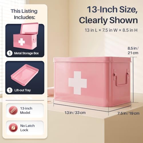 Flexzion Large Metal First Aid Box Empty, 13-Inch, Pink with White Cross - color: Pink, size: 13 Inch without Latch Lock
