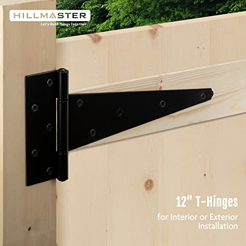 HILLMASTER 12 Inch T-Strap Heavy Duty Shed Door Hinges Gate Strap Hinges Black Tee Hinge Wrought Hardware for Wooden Fences,Yard,Barn Door,Rustproof (2 Pack) - size: 12in 2 Pack