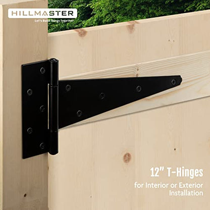 HILLMASTER 12 Inch T-Strap Heavy Duty Shed Door Hinges Gate Strap Hinges Black Tee Hinge Wrought Hardware for Wooden Fences,Yard,Barn Door,Rustproof (6 Pack) - size: 12in 6Pack