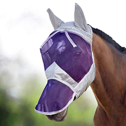 Harrison Howard CareMaster Horse Fly Mask Long Nose with Ears Full Face Silver/Purple Retro Medium Cob - color: Silver/Purple, size: Cob (Medium)