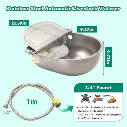 Automatic Animal Waterer Bowl with Float Valve 304 Stainless Steel Kit for Dog Horse Cow Pig Livestock Waterer Outdoor Dispenser for Chicken