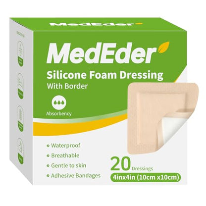 Silicone Foam Dressing 4x4 with Adhesive Border Waterproof 20 Pack - size: 4" x 4"(20 PCS)