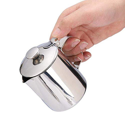 Stainless Steel Coffee Cup Mug Milk Frothing Pitcher Jug with Lid for Latte Coffee Art for Office Kitchen with handle(350mL)