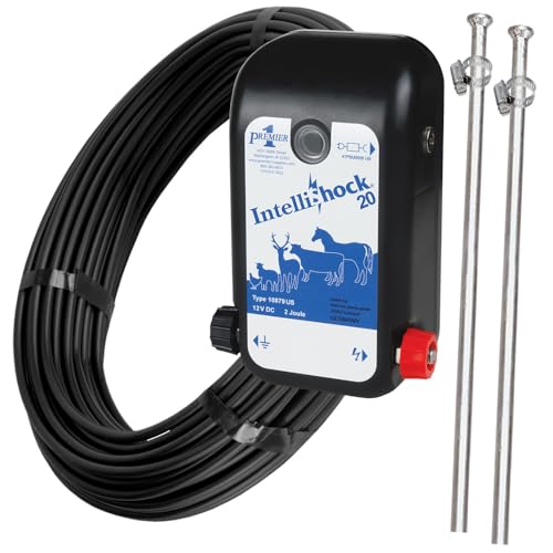 Premier 1 IntelliShock 20 Energizer, Plug-in Kit, 2.0 Joule | Kit includes 100' insulated cable & 2 ground rods. 2.0J powers 16 rolls of sheep/goat nets or 2.5 miles of cattle fence.
