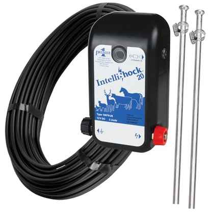 Premier 1 IntelliShock 20 Energizer, Plug-in Kit, 2.0 Joule | Kit includes 100' insulated cable & 2 ground rods. 2.0J powers 16 rolls of sheep/goat nets or 2.5 miles of cattle fence.