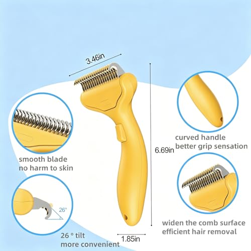 Undercoat Rake for long haired Cats & Small/Medium Dogs – Deshedding Brush & Dematting Comb for Double-Coated Pets with Long Hair, Matted Fur – Grooming Tool for Kitten, Puppy and Rabbit (yellow) - color: Yellow