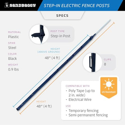 Sandbaggy 4 ft Plastic Step in Electric Fence Posts - UV Resistant - Temporary or Semi-Permanent Fencing for Livestock, Grazing, Gardening - Lightweight, Adjustable Height (4 ft, Black, 10)