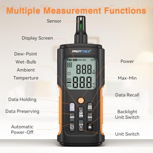 YT606 Temperature Humidity Meter High Precision Digital Hygrometer with Ambient, Relative Humidity, Dew Point, Wet Bulb Thermometer for Indoor Outdoor, Digital Thermometer Min/Max Hold, LCD Backlight