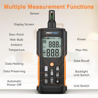 YT606 Temperature Humidity Meter High Precision Digital Hygrometer with Ambient, Relative Humidity, Dew Point, Wet Bulb Thermometer for Indoor Outdoor, Digital Thermometer Min/Max Hold, LCD Backlight