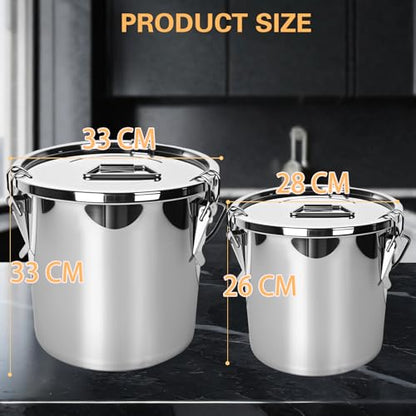 21L/5.6GAL and 12L/3.2GAL Stainless Steel Airtight Canister, Food Storage Canisters with Lid&Locking Clamp for Rice Flour Sugar Grain Coffee Bean Storage Containers (12L & 21L,2 CANISTERS)