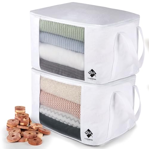 Sweater Storage for Closet – 2 Large Cotton Garment Bags, 30 Cedar Rings, & Mesh Window for Cashmere Sweaters – Wool & Cotton Sweater Organizer by Cashmere Kiwi, 15 x 11 x 9 In - size: Double