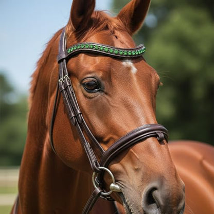 Equine Care English Horse Bridle with Reins, Padded, 6 Browband Styles - color: Havana Brown with Green Crystal