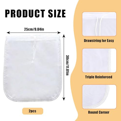 Nut Milk Bag Reusable 2 PCS 12" x 10" Food Strainer Nut Bags for Straining Almond/Soy Milk Greek Yogurt Professional for Cold Brew Coffee Tea Beer Juice Fine Nylon Mesh Cheesecloth - color: 2 pcs