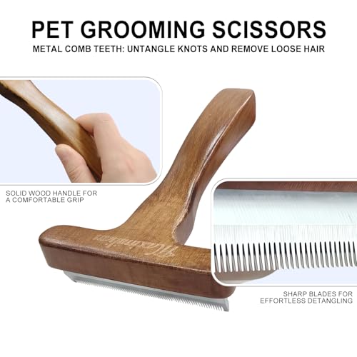 MaximiLian Medium T-Shaped Deshedding Dog Brush with Solid Wood Handle | Stainless Steel Blades,Undercoat Rake for Dogs&Cats,Dog Brush for Shedding,Pet Deshedding Tool,Remove Loose Hair Mats Tangles