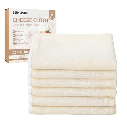 Cheese Cloths 6Pcs, Reusable Unbleached 100% Cotton 20"x20", Washable Organic Cheesecloth With Hemmed Edge, Fine Mesh Food Strainer For Turkey, Juicing, Cheese, Yogurt Making