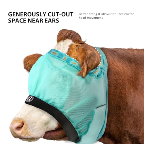 Harrison Howard Cattle Livestock Fly Mask Breathable Mesh Padded Edging with Fun Patterns Large Spacing Forelock Opening Design Adjustable Fit for Cattle Mint - color: Mint