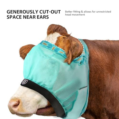Harrison Howard Cattle Livestock Fly Mask Breathable Mesh Padded Edging with Fun Patterns Large Spacing Forelock Opening Design Adjustable Fit for Cattle Mint - color: Mint