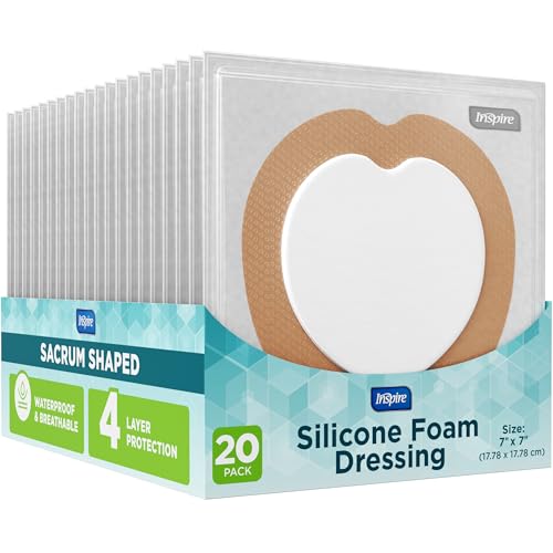 Inspire Sacral Silicone Foam Dressing Large Waterproof Bandages for Wounds, Burns & Bed Sores Safe for Sensitive Skin, Adhesive Pad Sacrum Dressings for Post-Surgery Wound Care (7 x 7 in) (20 Pack) - size: 20 Count