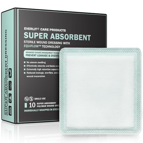 EVERLIT CARE EquiFlow Super Absorbent Dressing for Heavily Exuding Wound | Fast-Absorbing Non-Adhesive Polymer Dressing with Nonstick Gauze Pad | High Absorption & Retention | Pack of 10 (4" x 4") - size: 4" x 4"