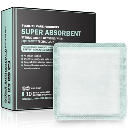 EVERLIT CARE EquiFlow Super Absorbent Dressing for Heavily Exuding Wound | Fast-Absorbing Non-Adhesive Polymer Dressing with Nonstick Gauze Pad | High Absorption & Retention | Pack of 10 (4" x 4") - size: 4" x 4"