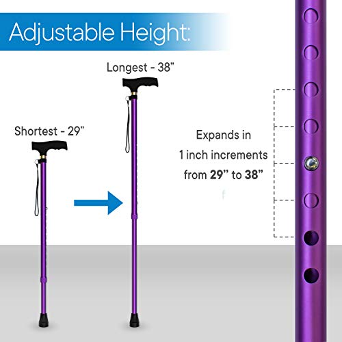 RMS Walking Cane - Adjustable Walking Stick - Lightweight Aluminum Offset Cane with Ergonomic Handle and Wrist Strap - Ideal Daily Living Aid for Limited Mobility - color: Lavender