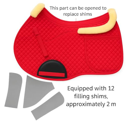 Universal English Saddle Pad with Adjustable Shims, Faux Shearling Trim, Plush Faux Wool, 3D Cooling & Non-Slip Tech. Ideal for Dressage, Jumping & Training. Machine Washable - color: Red