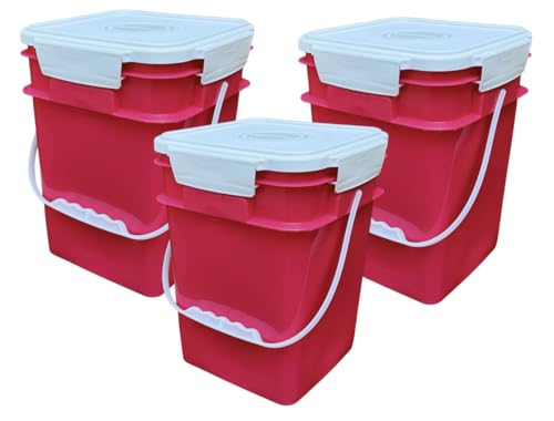House Naturals 4 Gallon Square Food Grade Bucket Pail with Plastic Handles and Lid (Pack of 3) Made in USA containers (Magenta - White lids) - color: Magenta - White Lids