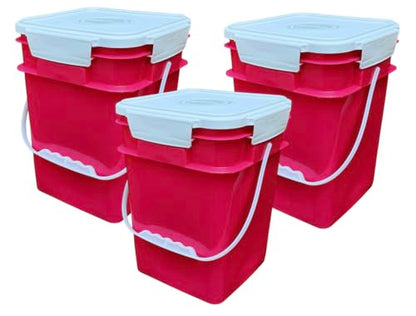House Naturals 4 Gallon Square Food Grade Bucket Pail with Plastic Handles and Lid (Pack of 3) Made in USA containers (Magenta - White lids) - color: Magenta - White Lids