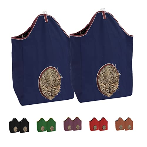 Tahoe Tack Pair of 2 Extra Wide 19" x 12" x 20" Canvas Hay Bags for Horses and Livestock Fits 3-4 Large Flakes of Hay (Navy Blue) - color: Navy Blue