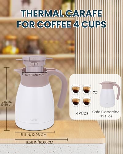 GiNT 1L / 34Oz Thermal Coffee Carafe, Insulated Stainless Steel Coffee Carafes for Keeping Hot/Double Walled Vacuum Thermal Carafe (White) - color: White, size: 34 Ounces