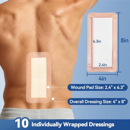 Dimora Silicone Ultra Absorbent Dressing Pads - Adhesive Wound Bandage with Gentle Border, Waterproof Soft Gauze for Post Surgical and Bed Sore Exudate Management 4"X 8" 10 Count - size: 4"x 8" - 10 pcs