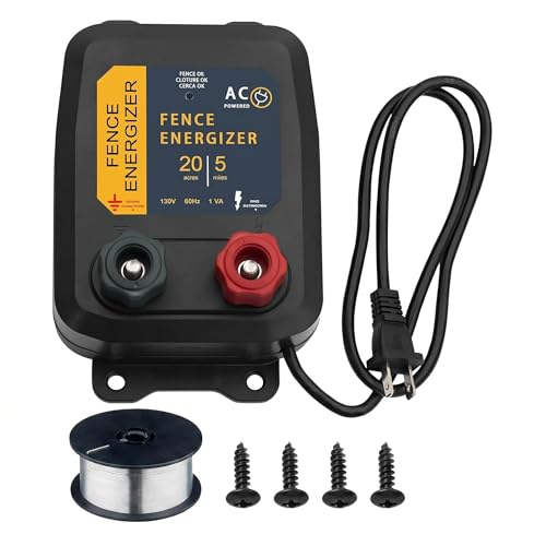 Electric Fence Charger 5 Mile / 20 Acre Range AC Powered 120V with 0.2 Joule Output Includes 250 Ft 17 Gauge Aluminum Wire & 4 Anti-Rust Screws for Raccoons, Skunks, Squirrels & Livestock Protection - color: 0.20 Joule With accessories