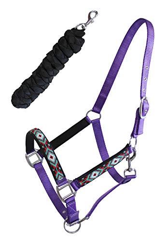 CHALLENGER Nylon Horse Beaded Halter Nickle Plated Hardware w/Lead Rope Tack Blue 606175 - color: Purple, size: Cob Size