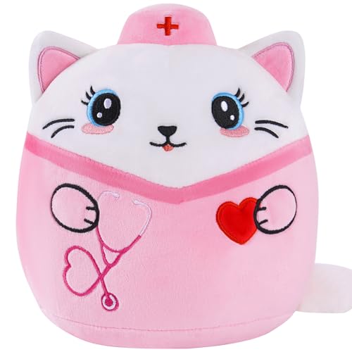 Nurse Cat Stuffed Animal, 8-Inch Pink Cat Plush Toy with Stethoscope Embroidery, Cute Cat Plushie Pillow Gifts for Nurses Women, Nursing Student Graduation and Appreciation Week Gift - style: Nurse Cat