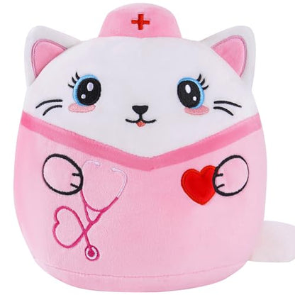 Nurse Cat Stuffed Animal, 8-Inch Pink Cat Plush Toy with Stethoscope Embroidery, Cute Cat Plushie Pillow Gifts for Nurses Women, Nursing Student Graduation and Appreciation Week Gift - style: Nurse Cat