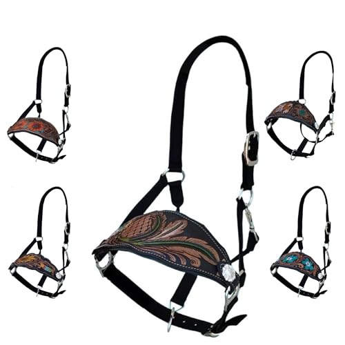 Majestic Ally Equestrian Designer Bronc Halter for Horses, Hand-Tooled Leather Nose, Padded Nylon Crown and Noseband - style: Leaves and Flowers