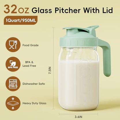 JunVpic Breast Milk Pitcher, 32 oz Wide Mouth Glass Mason Jar with Lid - color: Green, size: 32 Ounces
