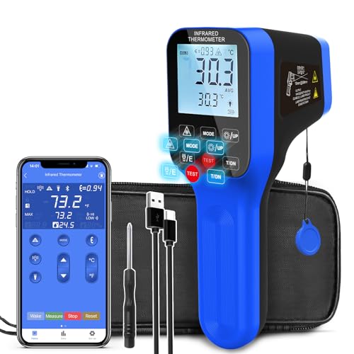 Pyrometer AI-1600APP, -58℉~2912℉ High Temp Thermometer Gun D:S=30:1 Dual Laser Industrial ir Thermometer Gun w/Touch Buttons, Rechargeable Can be Connected to Phone APP (NOT for Human Temp) - color: Dark blue