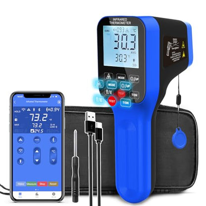 Pyrometer AI-1600APP, -58℉~2912℉ High Temp Thermometer Gun D:S=30:1 Dual Laser Industrial ir Thermometer Gun w/Touch Buttons, Rechargeable Can be Connected to Phone APP (NOT for Human Temp) - color: Dark blue