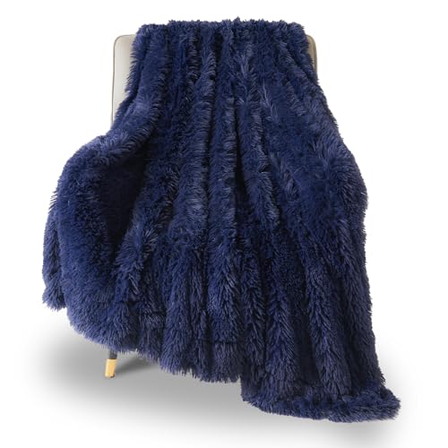 GONAAP Fuzzy Faux Fur Throw Blanket for Couch, Dark Navy, 50"x60" - color: Dark Navy, size: Throw(50"x60")