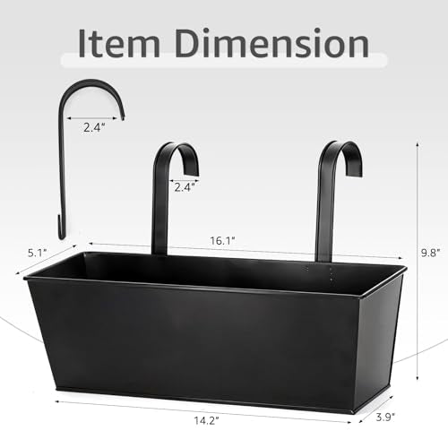 3 Pack Metal Railing Planters, 16 Inch Large Rectangular Hanging Flower Pots with Detachable Hooks & Drainage Holes, Fits Rails up to 2.5", Galvanized Iron Window Box for Balcony Garden - Black - color: Black, size: 3 Pack, 16.1"L x 5.1"W x 5.1"H