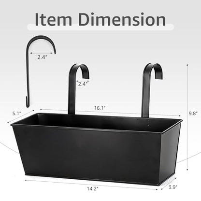 3 Pack Metal Railing Planters, 16 Inch Large Rectangular Hanging Flower Pots with Detachable Hooks & Drainage Holes, Fits Rails up to 2.5", Galvanized Iron Window Box for Balcony Garden - Black - color: Black, size: 3 Pack, 16.1"L x 5.1"W x 5.1"H