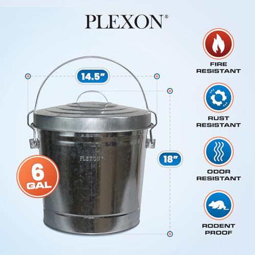 Plexon 6 Gallon Small Metal Trash Can with Lid Outdoor Locking Galvanized Metal Garbage Can with Lid for Poultry Feed Bird Seed Storage Ash Galvanized Bucket