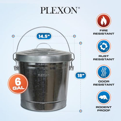 Plexon 6 Gallon Small Metal Trash Can with Lid Outdoor Locking Galvanized Metal Garbage Can with Lid for Poultry Feed Bird Seed Storage Ash Galvanized Bucket