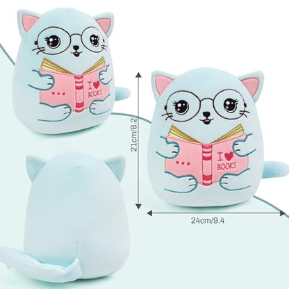 Cute Cat Stuffed Animal: 8 Inch Blue Cat Book Lover Gifts Soft Reading Buddies Plush Toy, Plushie Pillow Gifts for Kids Girls Boys, Bookworm Classroom Decor - style: Book Lover Cat