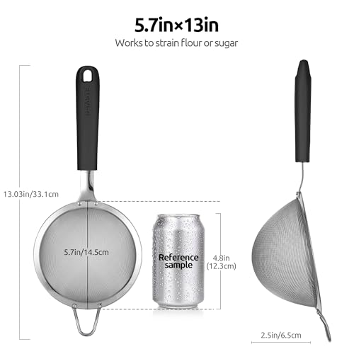 18/8 Stainless Steel Mesh Strainer: U-Taste 5.5 Inch Kitchen Fine Mesh Sieve Food Colander with Riveted Sturdy Silicone Handle and 30 Mesh Hole for Straining Flour, Pasta, Fruit, Quinoa (Black) - color: (2) Black, size: Medium (5.5 x 13 in)