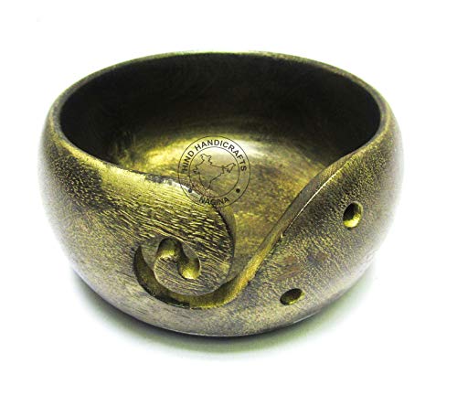Premium Solid Dark Handmade Crafted Wooden Portable Antique Yarn Storage Bowl - Holder for Knitting Crochet Hook Accessories (6" x 6" x 3", Green)