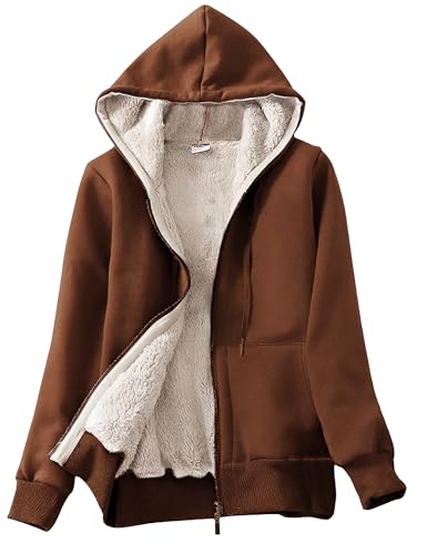 Women’s Casual Full Zip Up Sherpa Lined Hoodie Sweatshirt Jacket Coat - color: Brown, size: Large