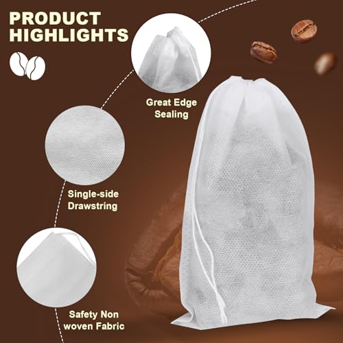 Cold Brew Coffee Filter Bags 200 Pack, Disposable Mesh Brewing Bags with Drawstring, No Mess Cold Brew Maker Bags for Coffee Concentrate, Iced Coffee, Mason Jar, Large Fine Mesh Tea Infuser Bags